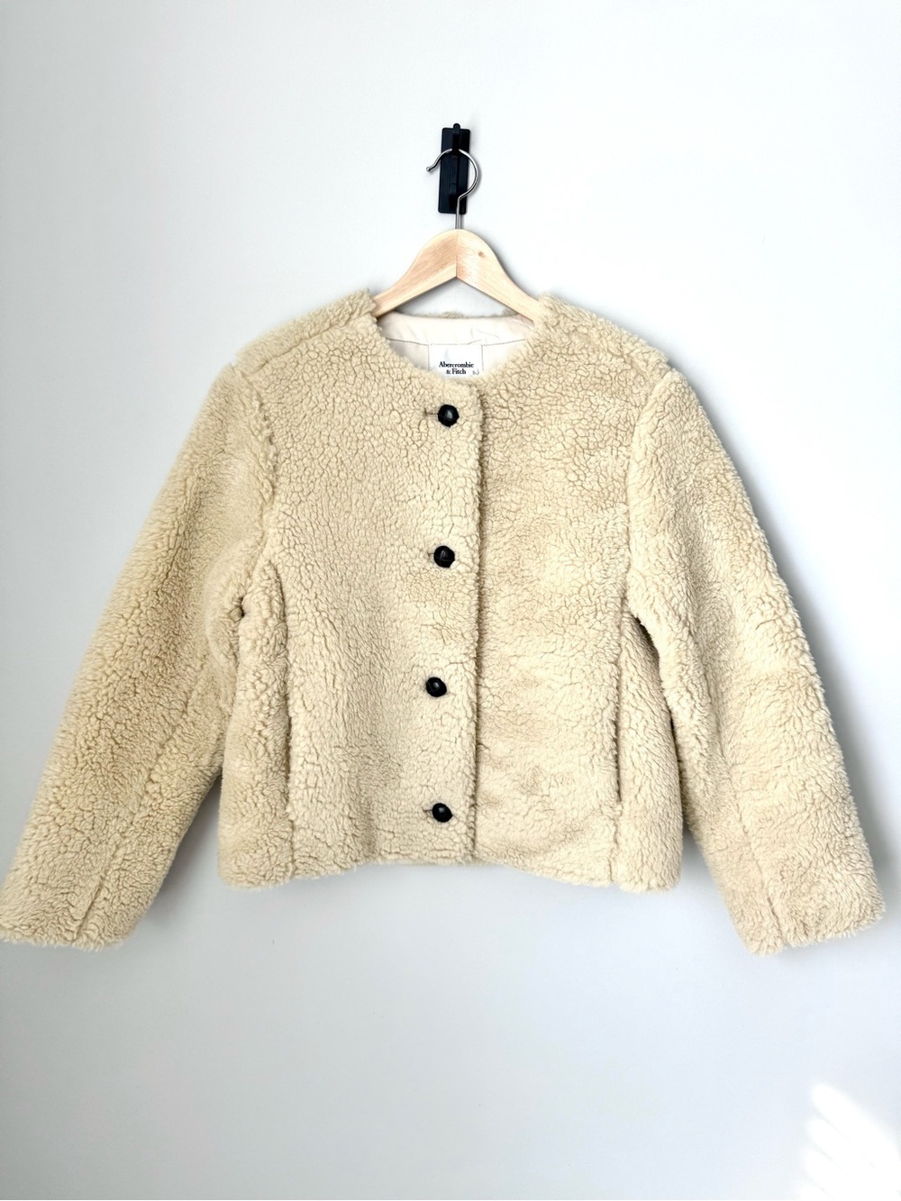Abercrombie & Fitch Cream Sherpa Collarless Leather Button Cozy Classic Jacket